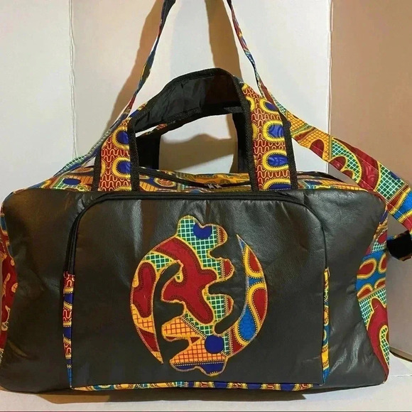 Handcrafted unisex Ankara print vinyl leather duffel weekend travel bag - Picture 6 of 11